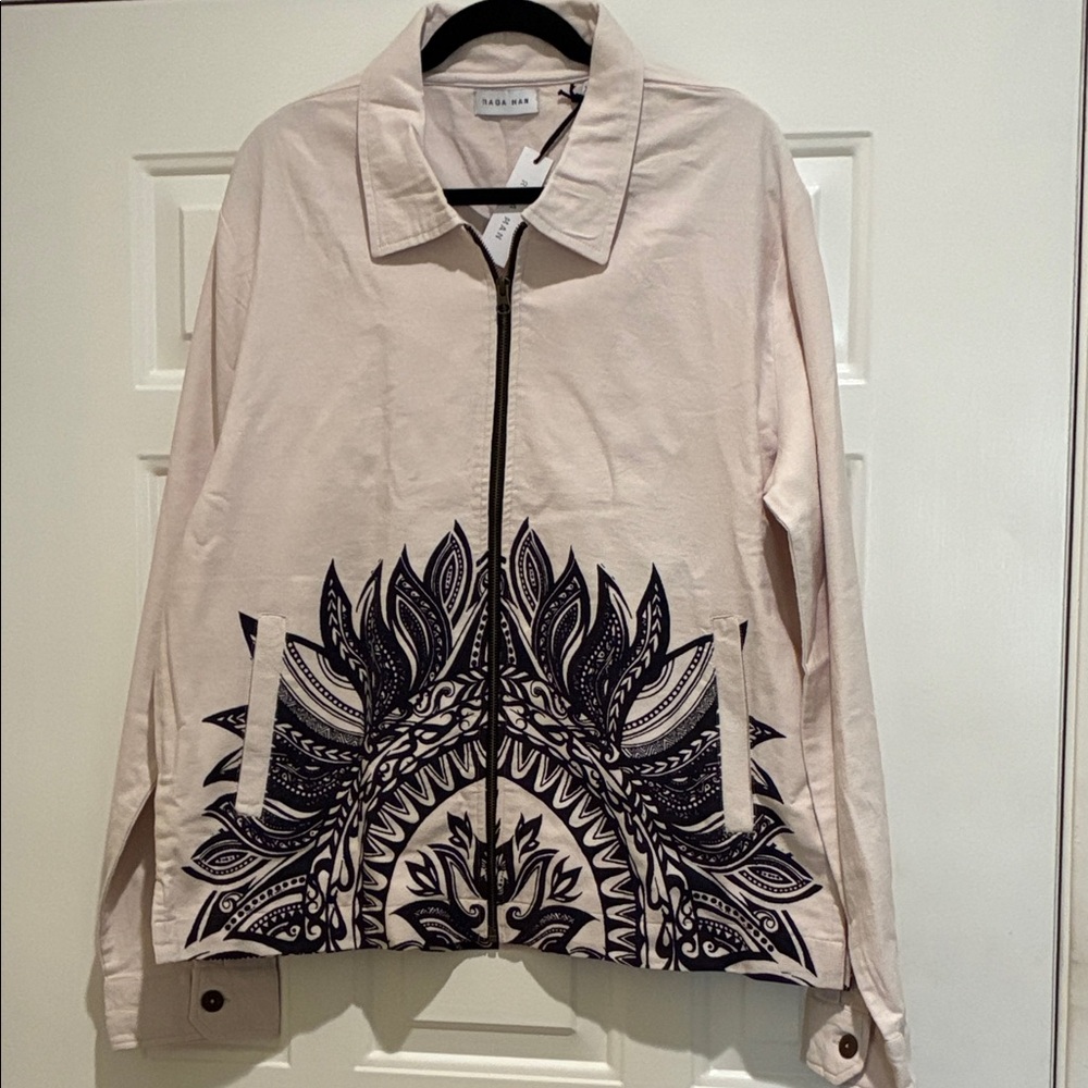 Raga Man cream canvas zip up  Jacket with Black Design